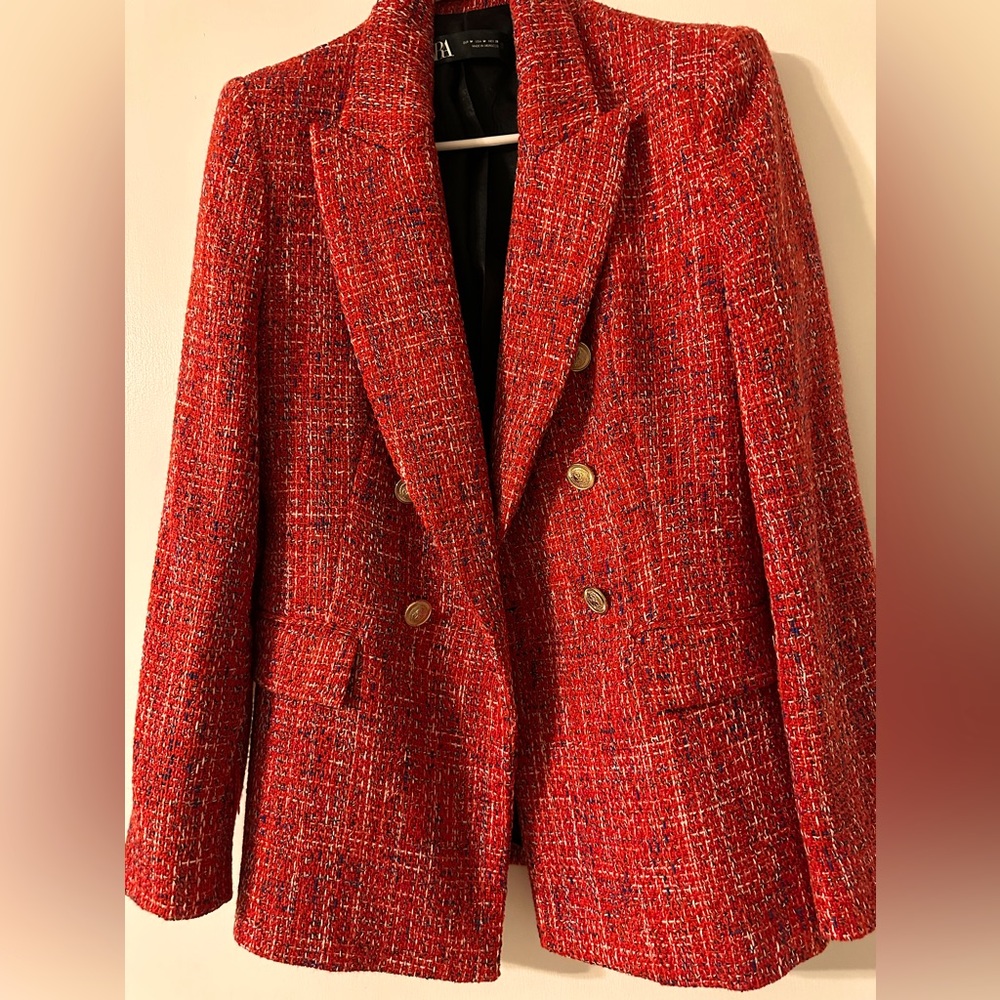 Zara Red textured tweed blazer NWOT New Medium M